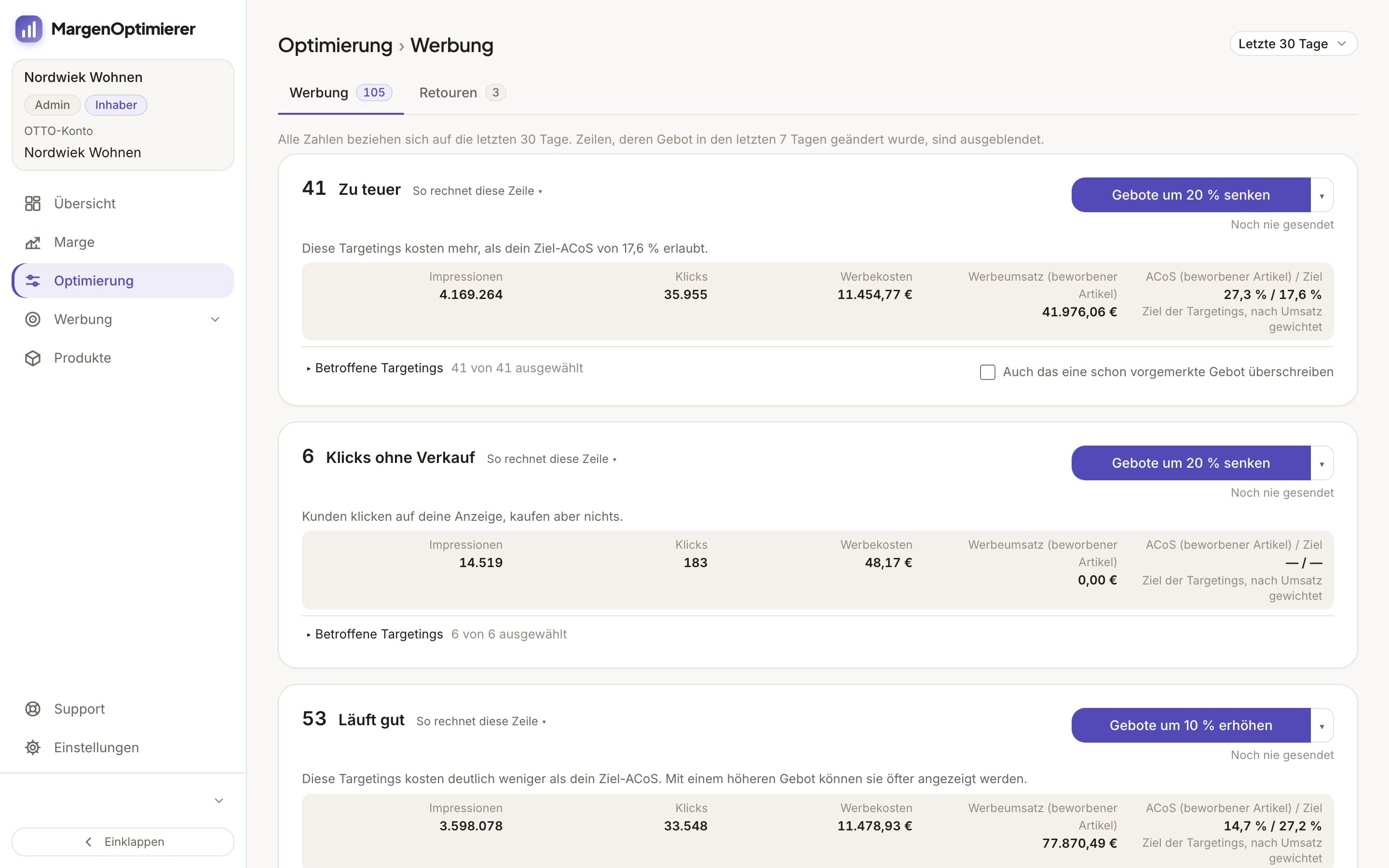 Die Optimierung der Demo-Firma. Jede Zeile nennt Klicks, Werbekosten, Werbeumsatz und den ACoS ihrer Targetings neben dem Ziel, daneben den Knopf, der ihre Gebote senkt oder erhöht.